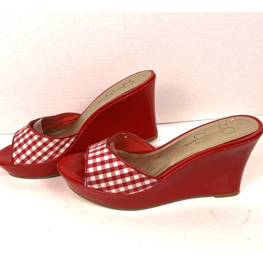 Jessica Simpson Red Gingham Wedge Sandals Womens 8.5B Peep Toe Slide Heels